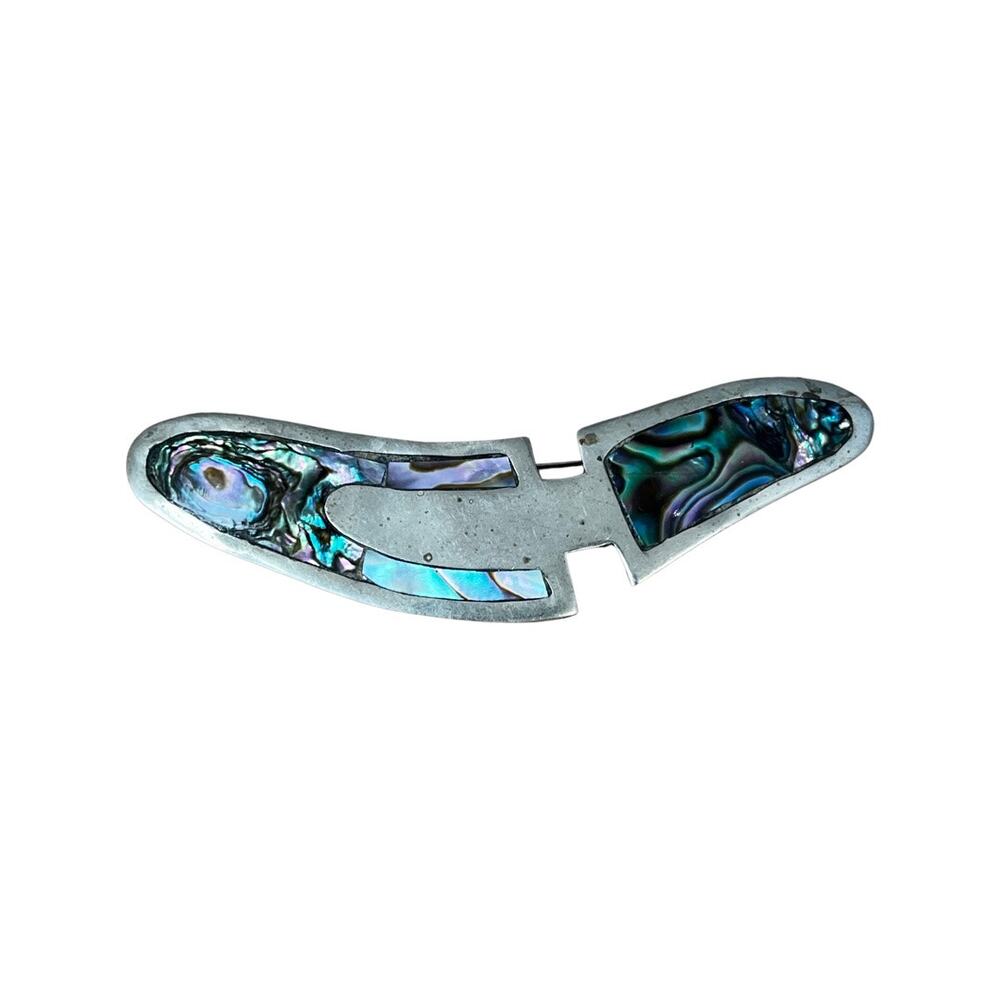 Alpaca Nickel Silver Abalone Shell Abstract Brooch, Vintage 1970s Mexican Pin